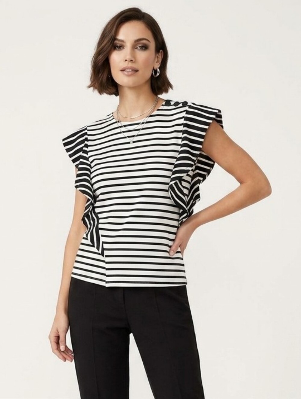 Derek Lam Floppy Ruffle Nautical Stripe Short Sleeve Top Black White S